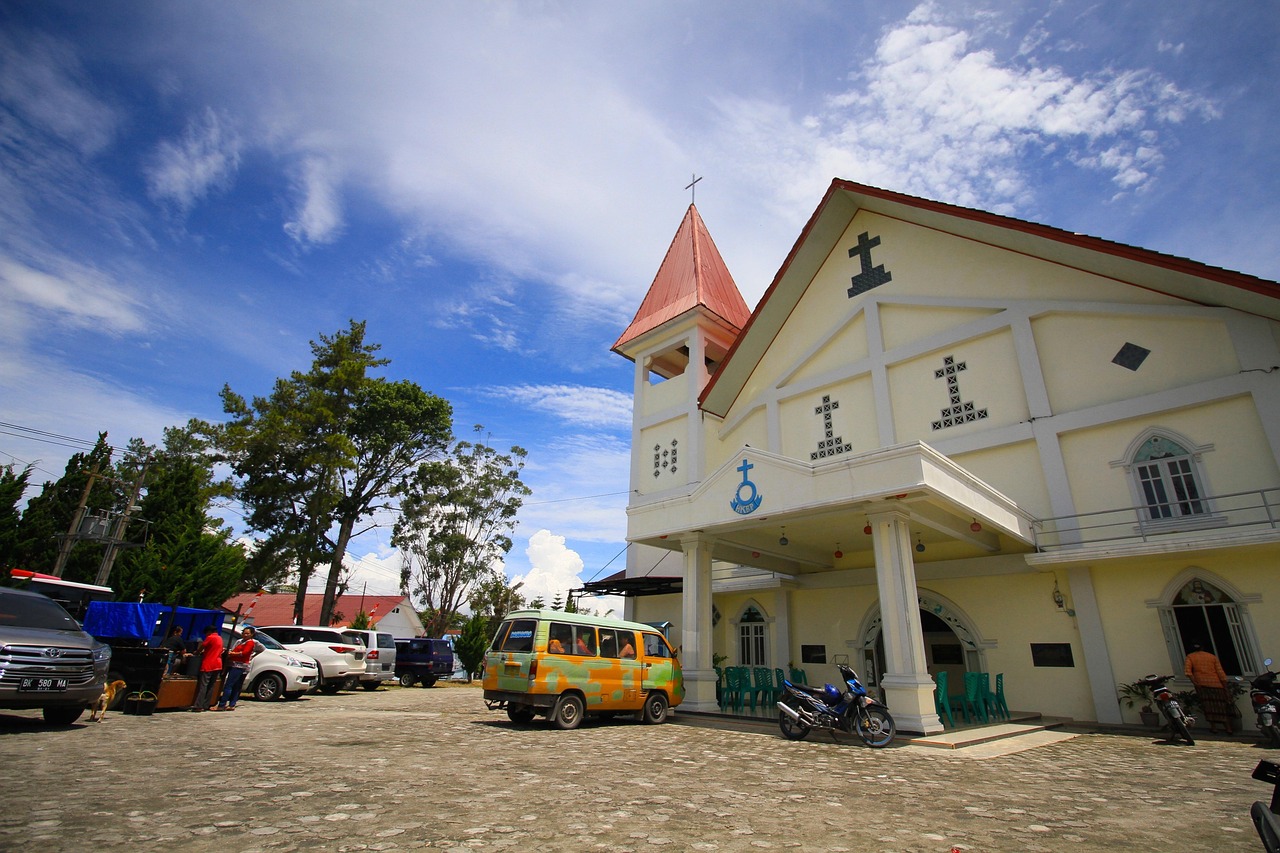 church, samosir, toba, asia, blue, indonesia, blue sky, batak, lake, nature, sky, sumatra, danau, exotic, north, tropical, island, sumatera, volcanic, green, landscape, scenery, pulau, christian, utara, sumut, house, religion, village, hkbp, religious, cross